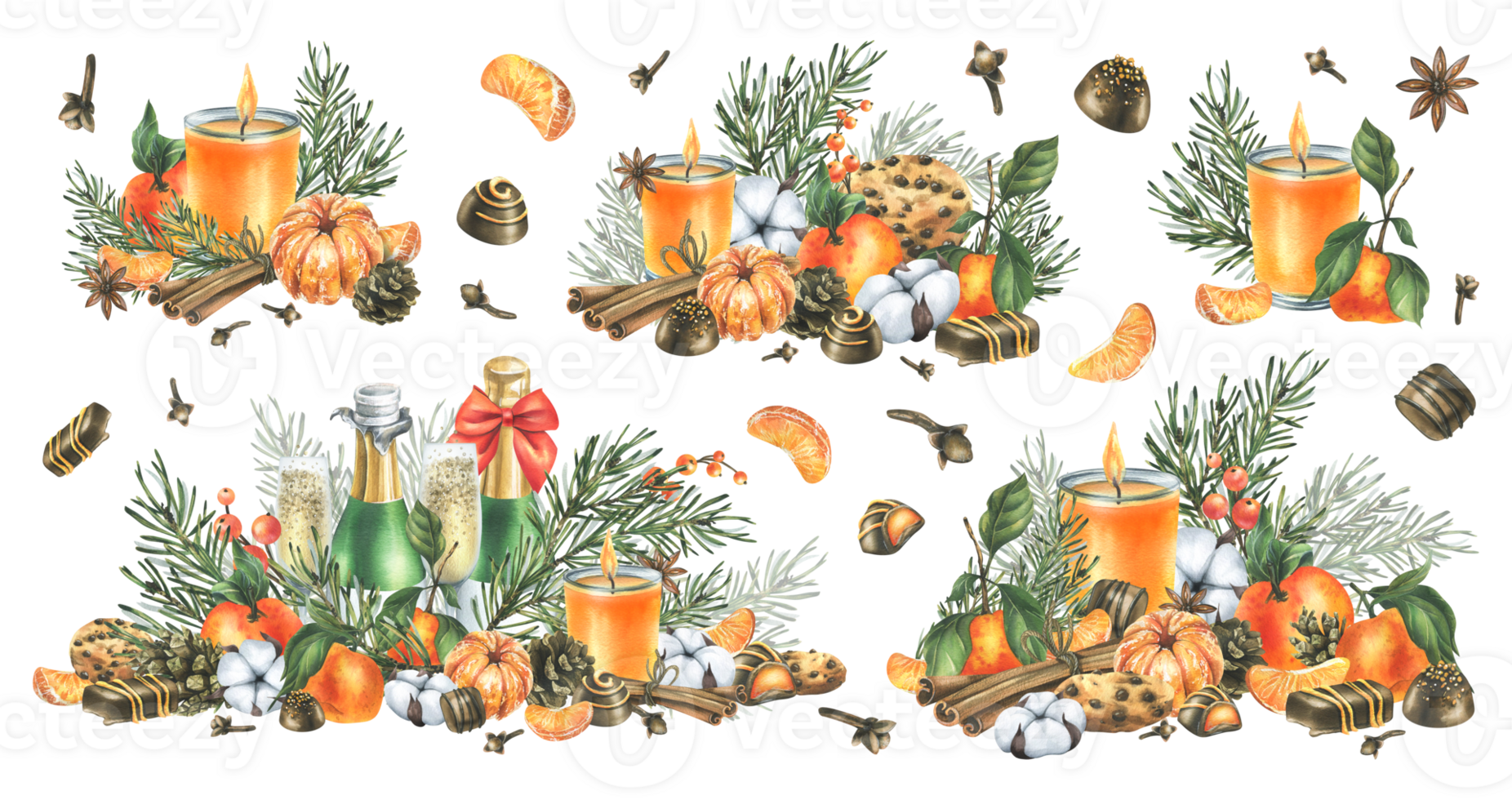 Christmas decor with tangerines, champagne. sweets and pine branches. Watercolor illustration, hand drawn for congratulations and holiday.. A set isolated compositions png