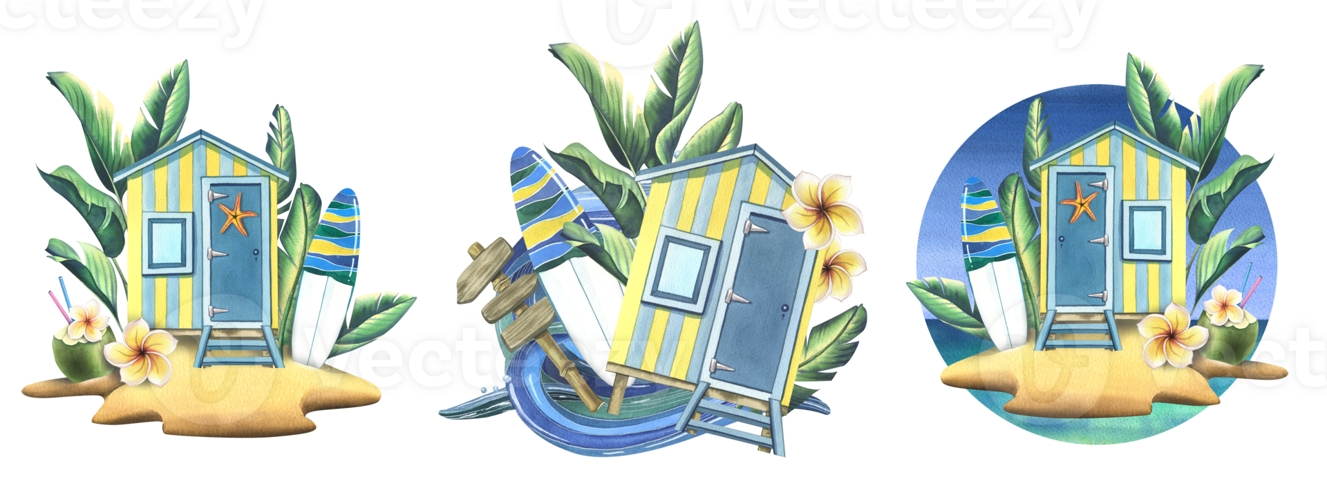 il spiaggia cabina è a strisce blu e giallo, tavola da surf, strada cartello, tropicale foglie, frangipani fiori e mare onda. acquerello illustrazione, mano disegnato. un' impostato composizioni isolato png