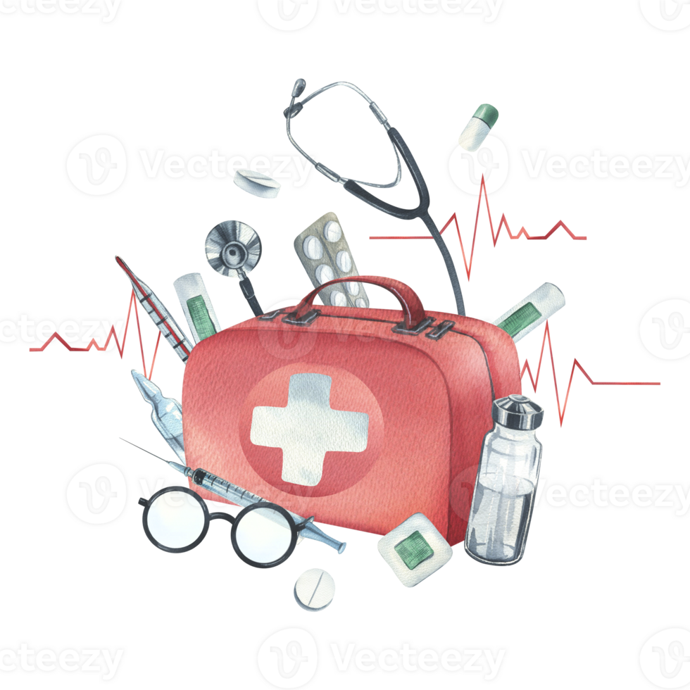 Red medical case, first aid kit with stethoscope, injections, plaster, pills and glasses. Watercolor illustration, hand drawn. Composition isolated png