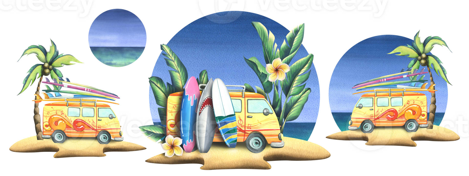 A tropical island with van, surfboards, palm trees against the sky and sea. Watercolor illustration hand drawn. A bright and juicy isolated compositions png