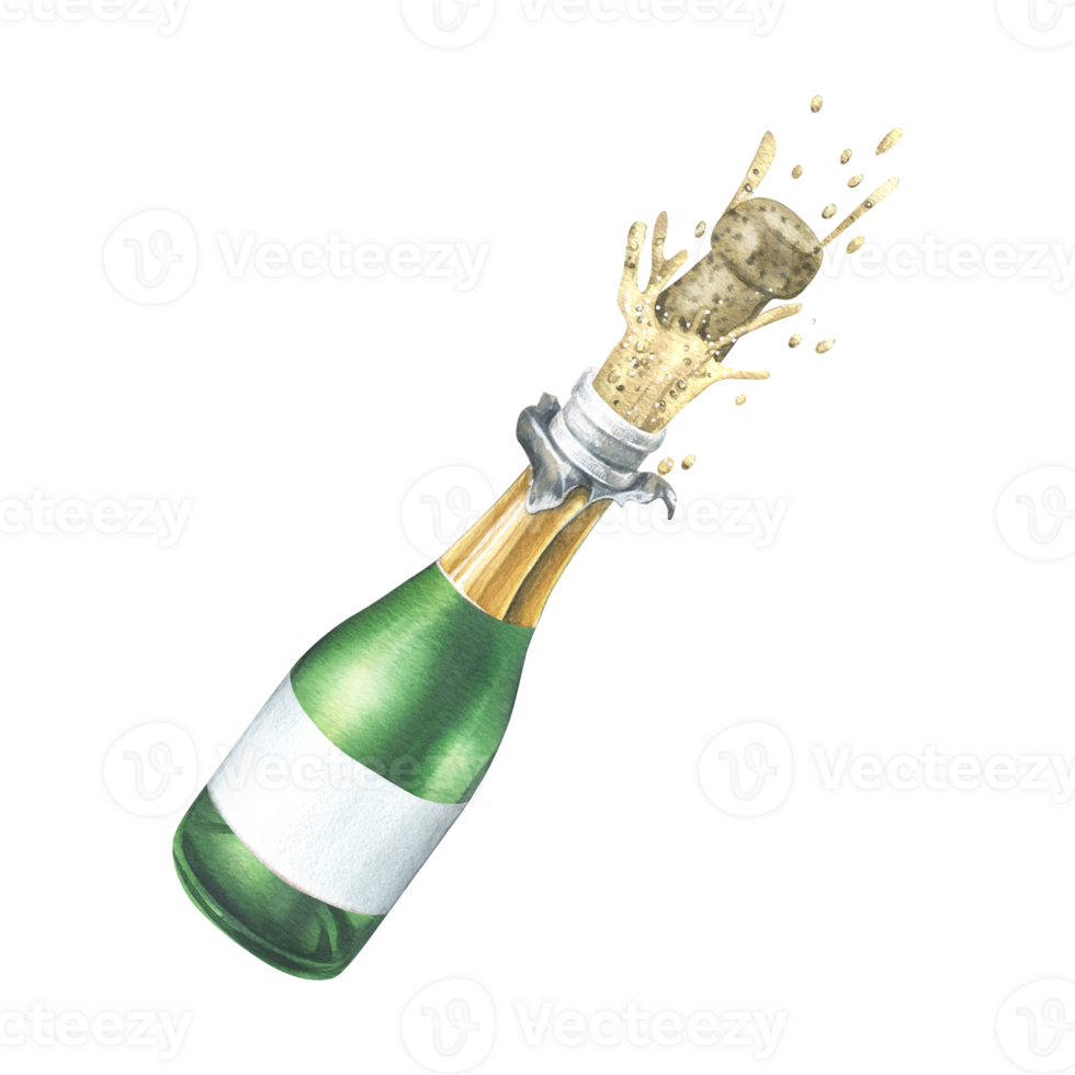 A glass bottle with champagne flying out with a cork, splashes and bubbles. Watercolor illustration, hand drawn. Isolated element png