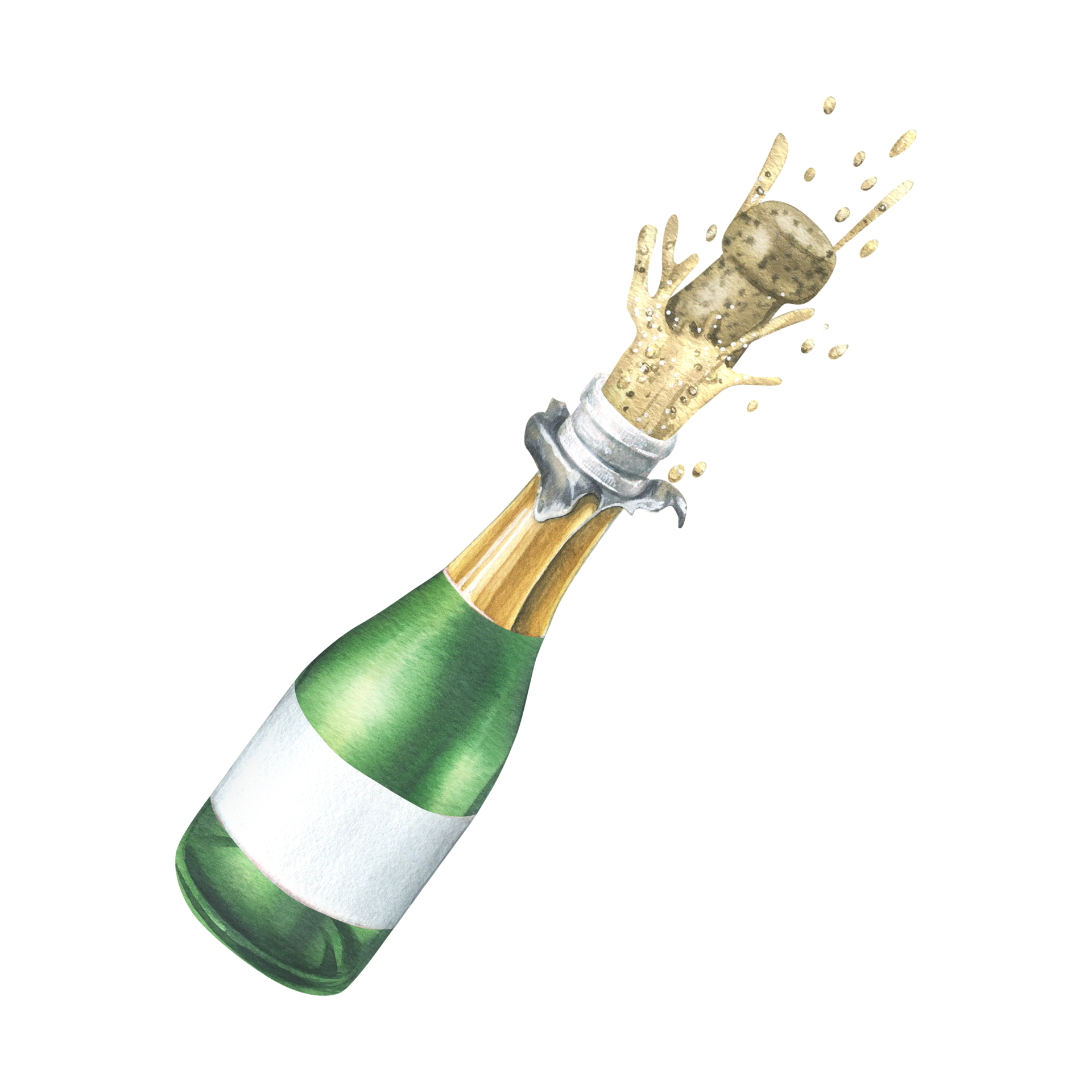 A glass bottle with champagne flying out with a cork, splashes and