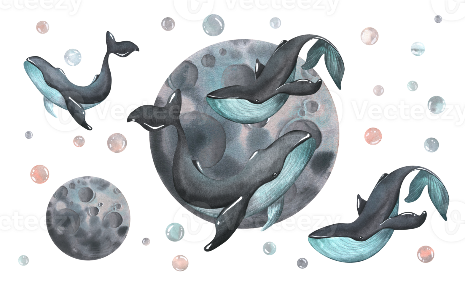 Black whales with turquoise color with the moon and bubbles. Watercolor illustration hand drawn. Composition with elements png