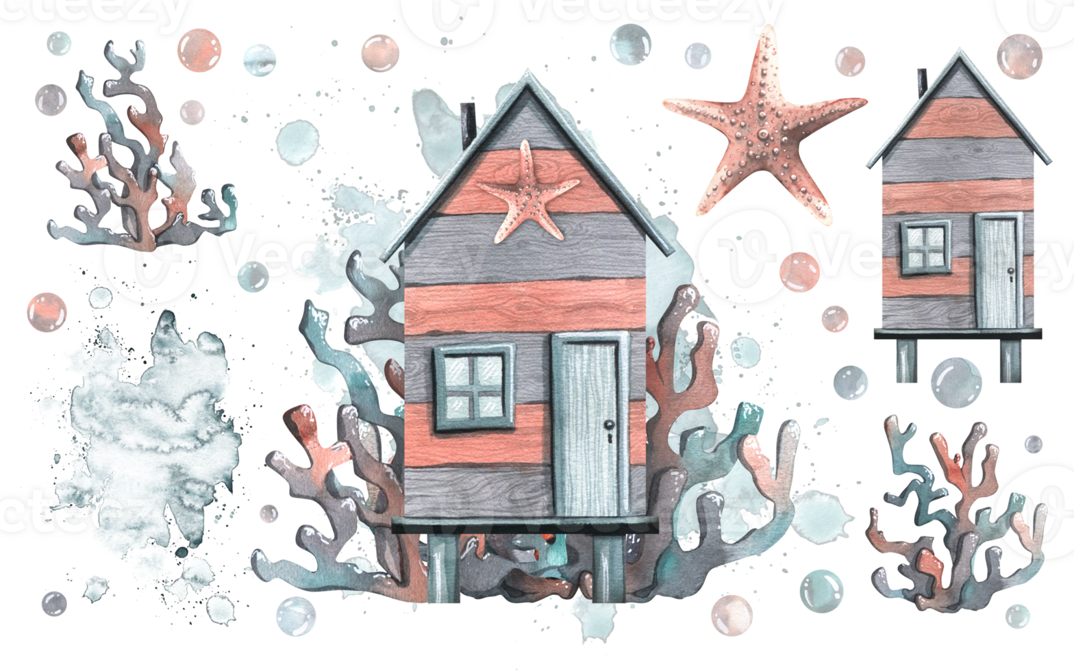 Beach, fishing hcabin, striped, wooden with starfish and corals on the background of spots and splashes of water. Watercolor illustration hand drawn. Composition with elements png