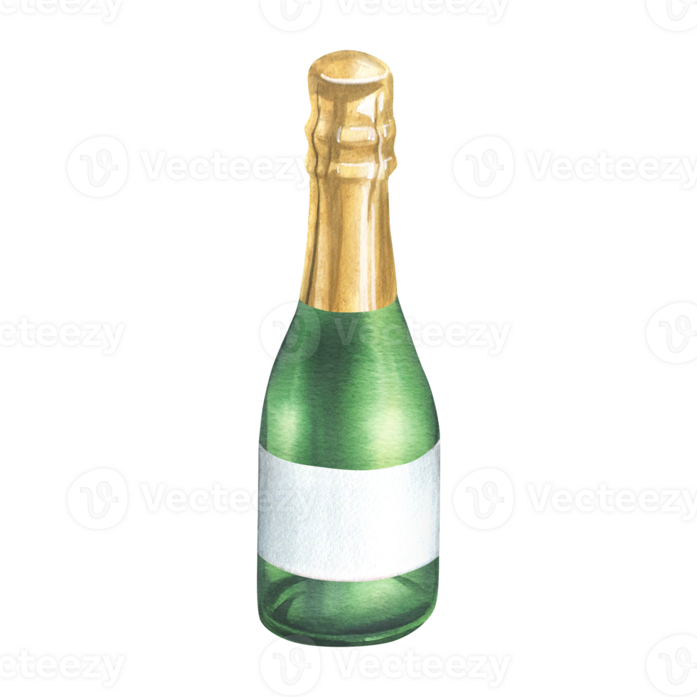 A close green bottle with champagne, a golden wrapper and an empty white label. Watercolor illustration, hand drawn. Isolated object png