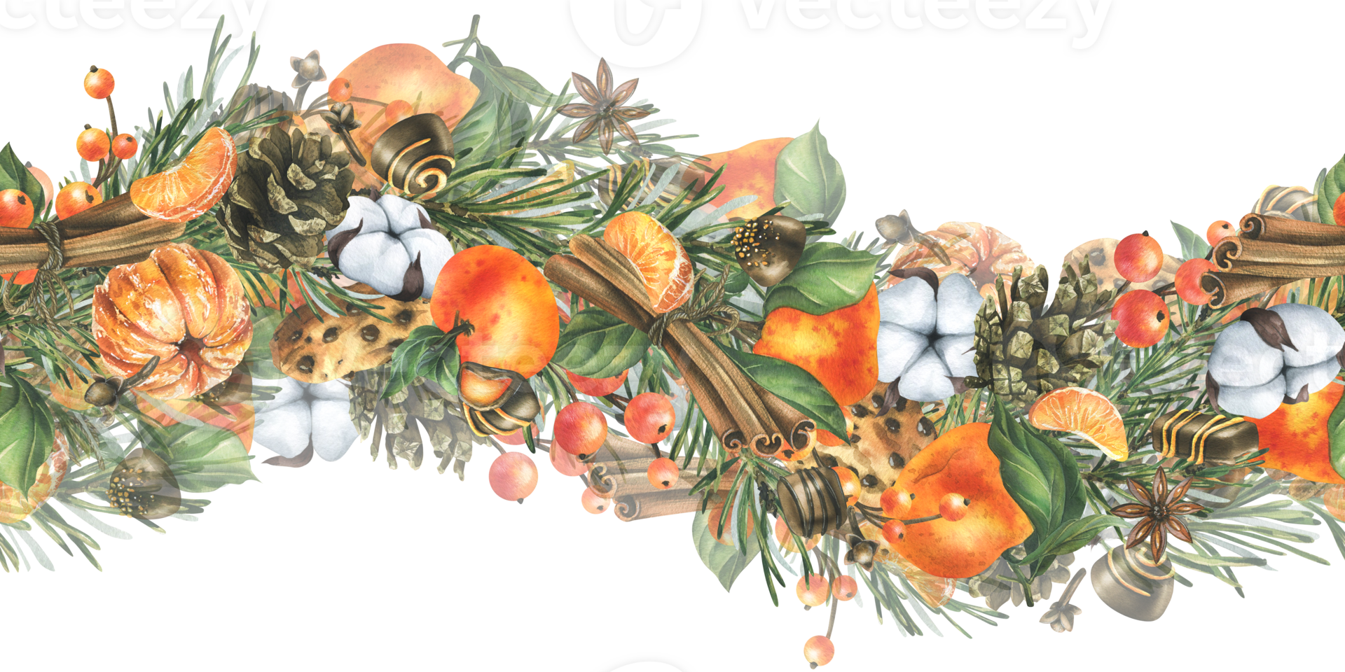 Christmas decor with tangerines, champagne, sweets and pine branches. Watercolor illustration, hand drawn. For congratulations and holiday. Horizontal seamless garland png