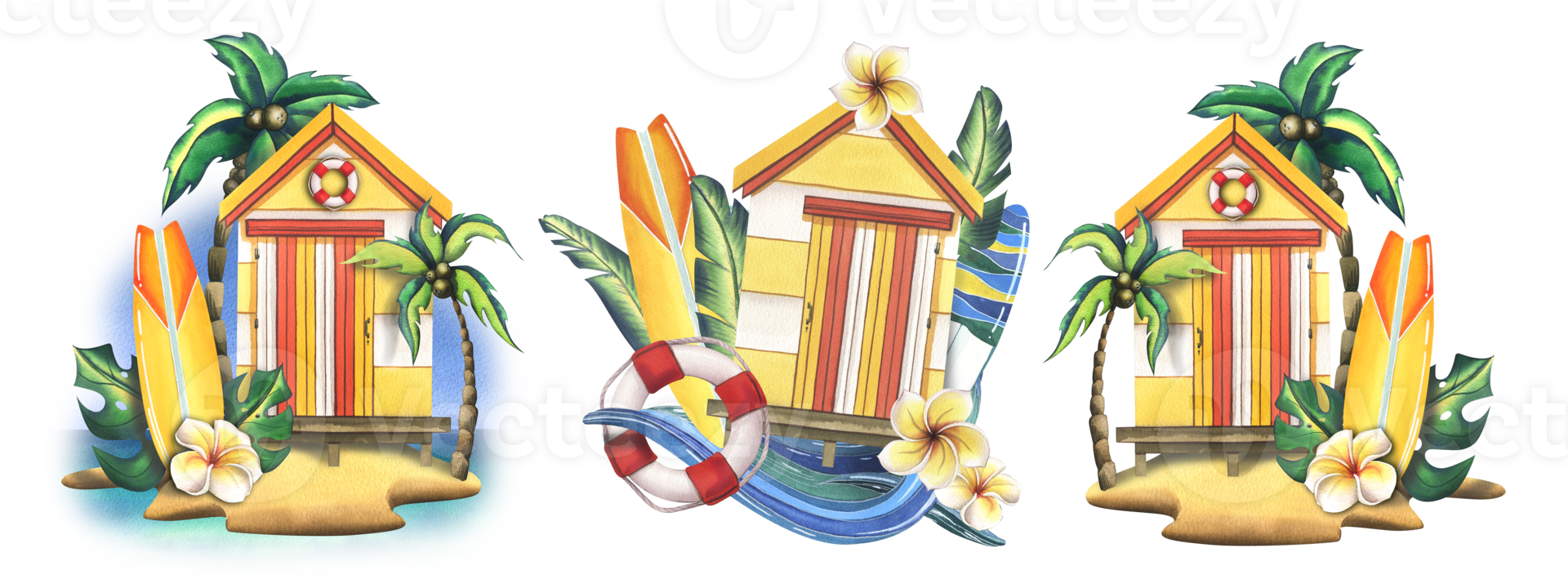The beach yellow cabin is wooden, striped with surfboards, flowers and palm leaves, a wave and a lifebuoy. Hand-drawn watercolor illustration. A set isolated compositions png