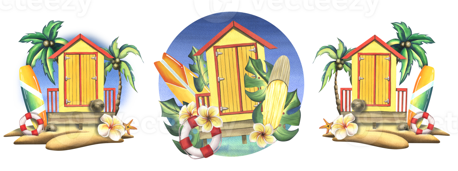 Beach cabin yellow with surfboards, tropical leaves and flowers with a lifebuoy. Watercolor illustration, hand drawn. Summer, beach set isolated compositions png