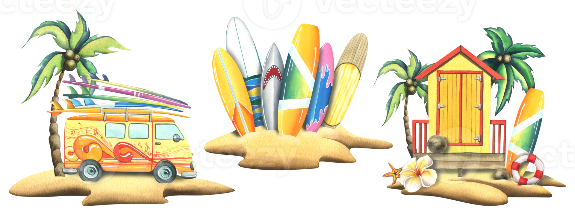 A yellow van with surfboards and beach cabin on a sandy island with a coconut palm. Watercolor illustration hand drawn. Isolated compositions png