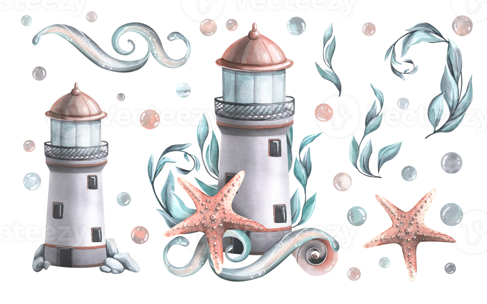 A marine lighthouse with algae, a starfish, shells and a wave of water. Watercolor illustration. A set objects of a large set of WHALES. For decoration and design of the beach, summer, travel png