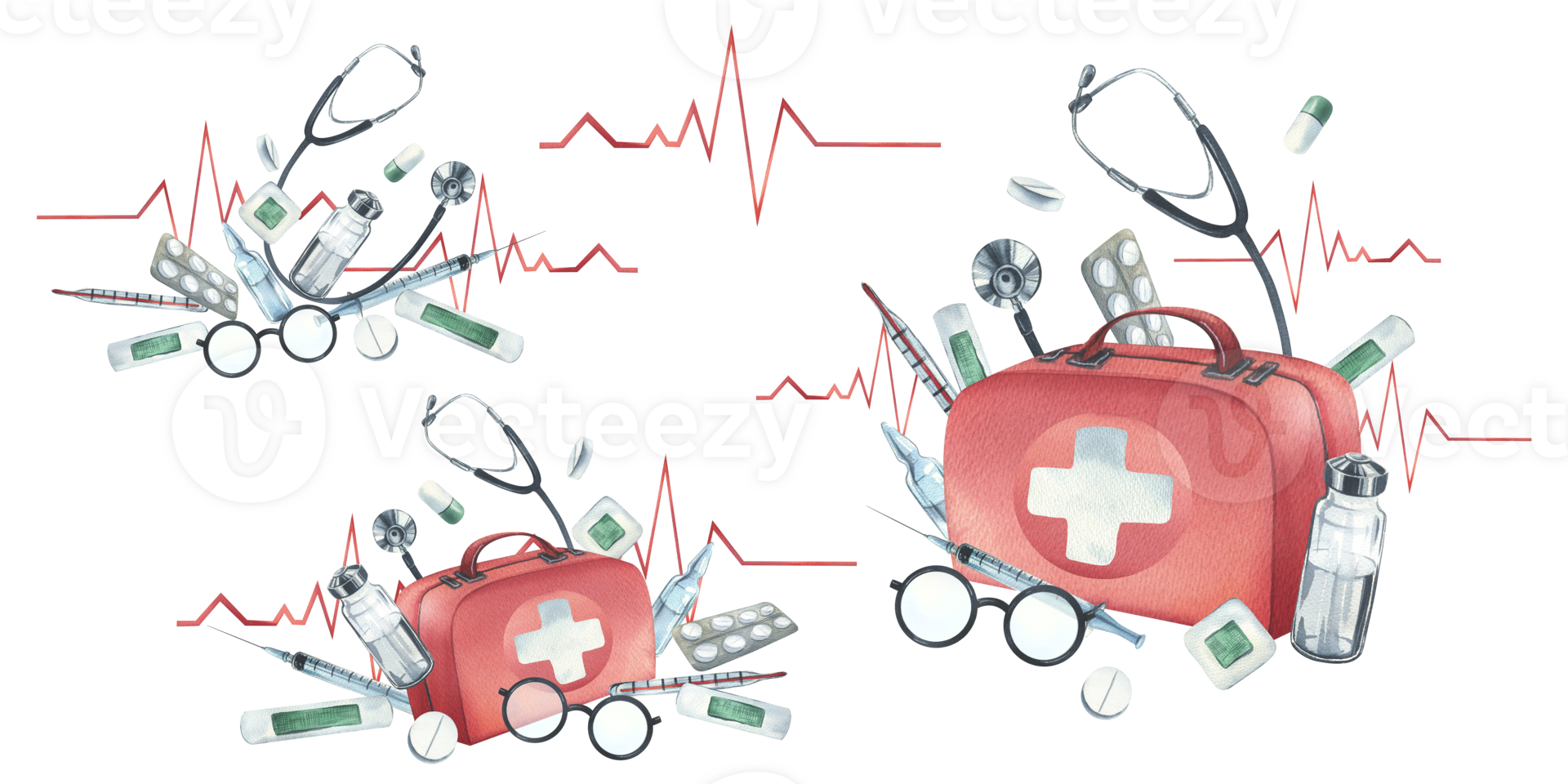 Red medical case, first aid kit with stethoscope, injections, plaster, pills and glasses. Watercolor illustration, hand drawn. A set compositions isolated png