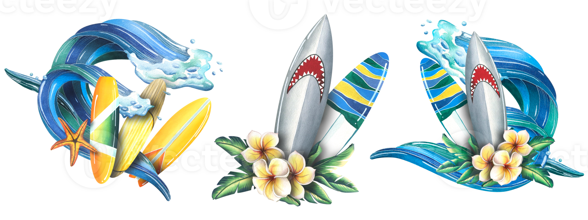 A sea wave with surfboards and a starfish, flowers frangipani, leaves tropical palm. Watercolor illustration, hand drawn. A set isolated compositions png