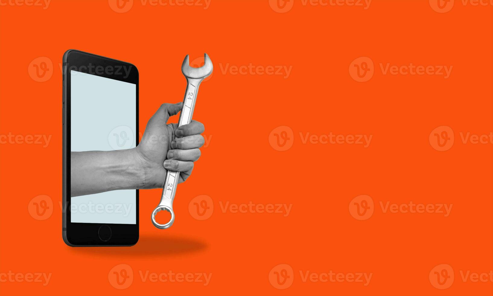 Art collage, phone and hand with a wrench, copy spice. photo
