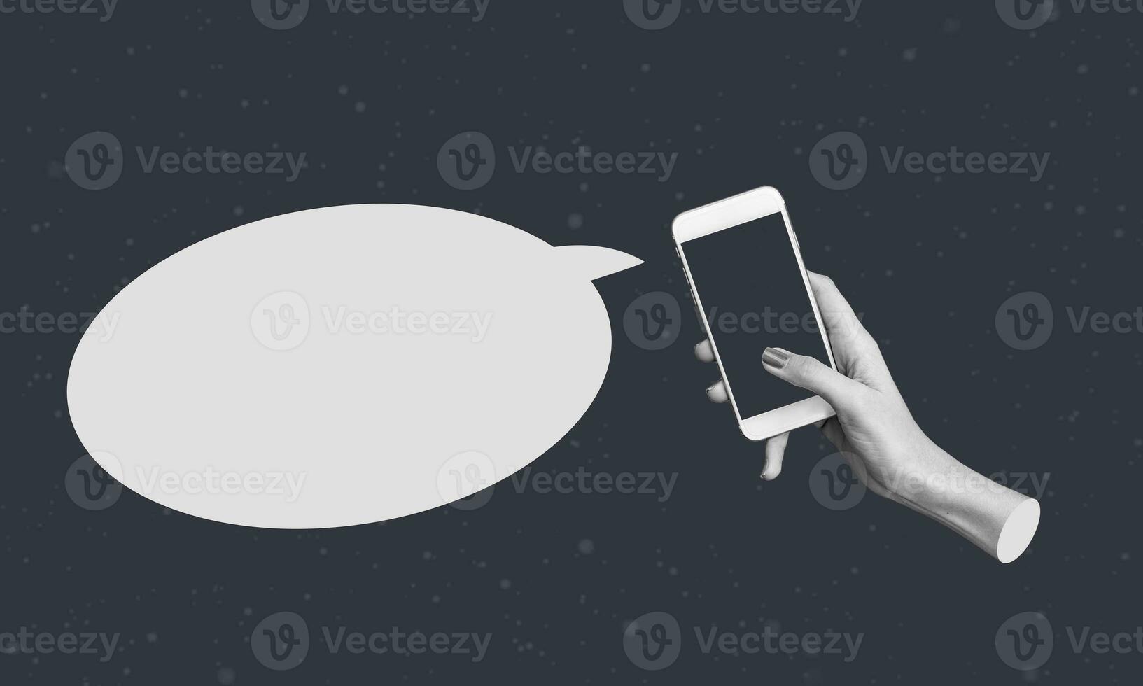 Creative composite image of black and white on a dark background, a hand holding a cell phone, and messages with space for text. photo