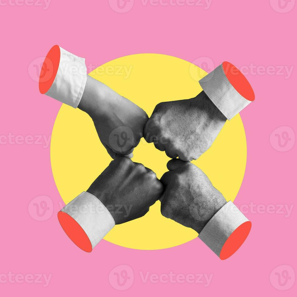 Composite collage image of four people's hands on a pink background as a team. photo