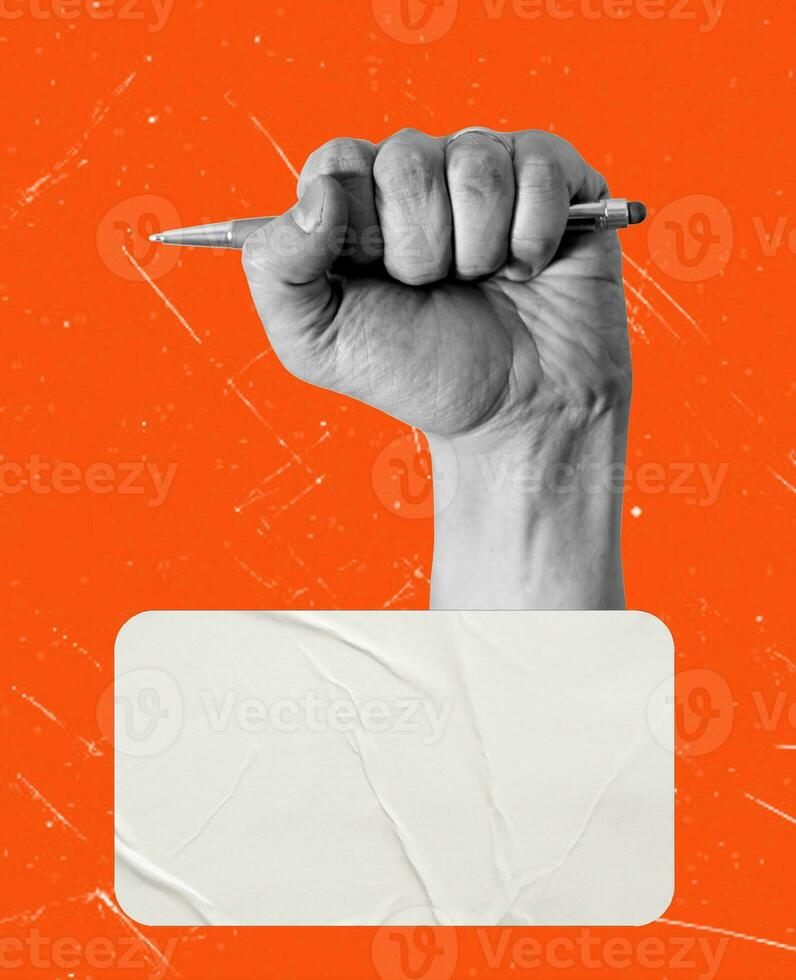 Businessman holding a pen in his fist, business targeting focus concept. Art collage Journalist or writer holds a pen in a fist. photo