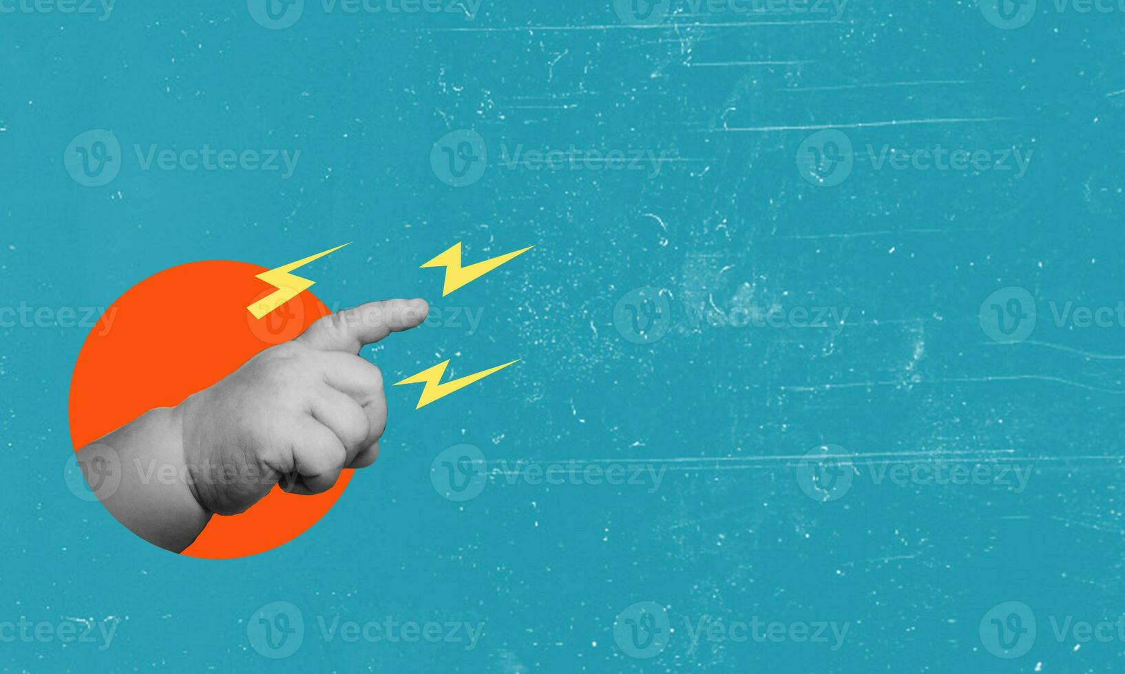 Collage in magazine style and pop art style. children's hands, pointing a finger at the place under the copying space. photo