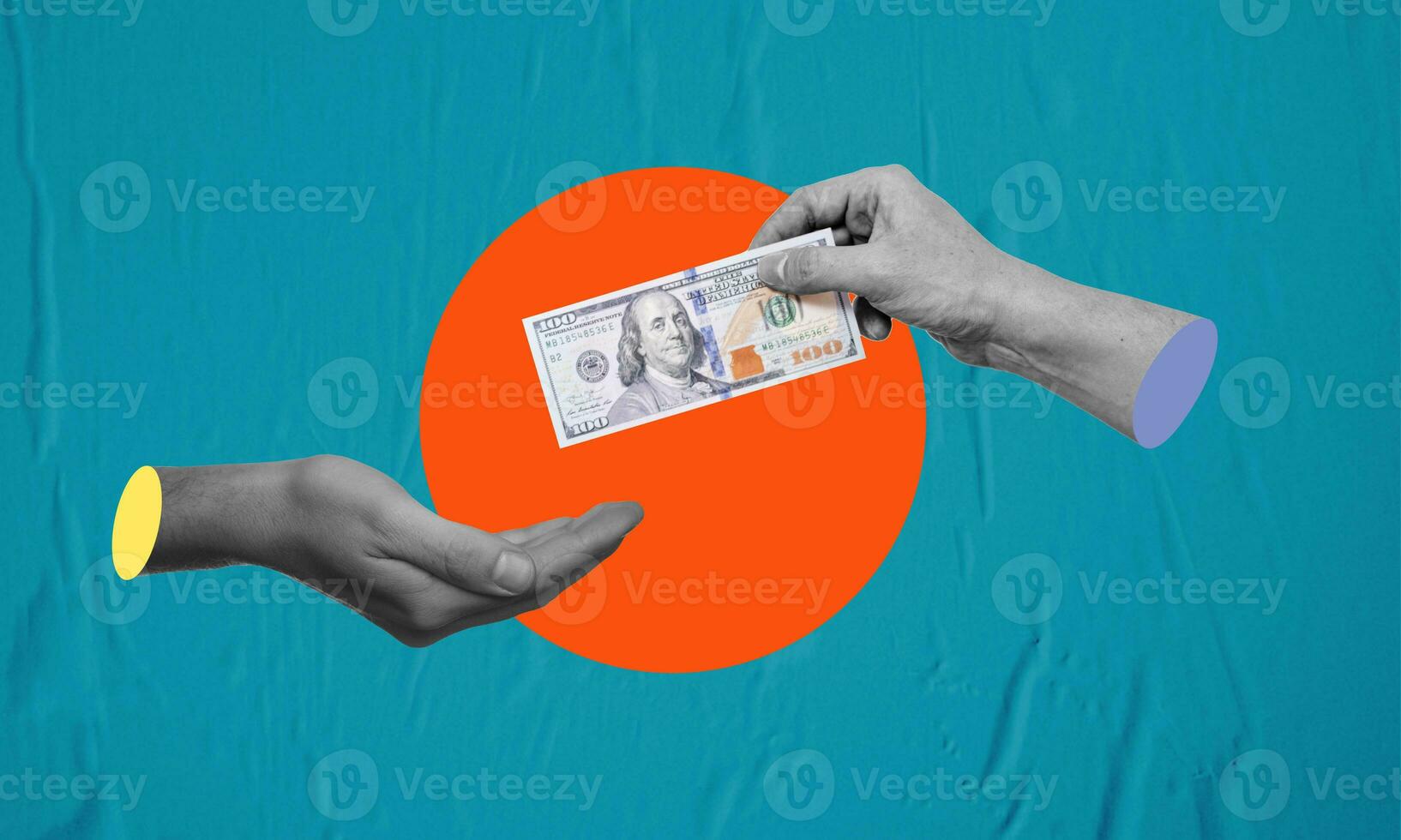 Big businessman hand gives money dollars on blue paper background. photo