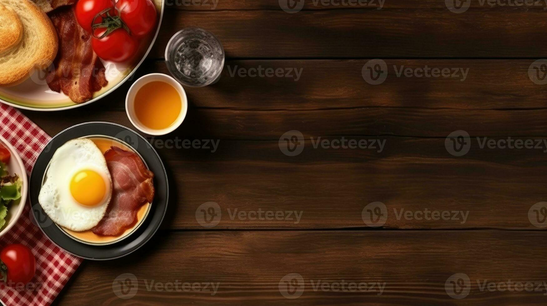 Top view of english breakfast on wooden table with copy space. Generative AI photo