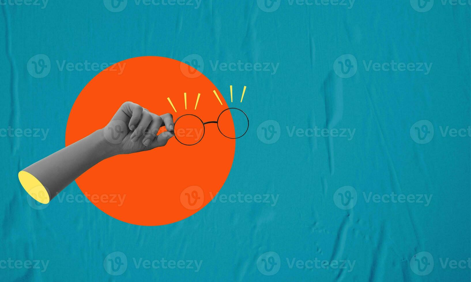 Art collage, Hands with glasses on blue paper background. photo