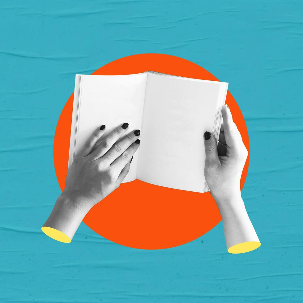 Open book in the palm of my hand. The concept of educational collage. photo