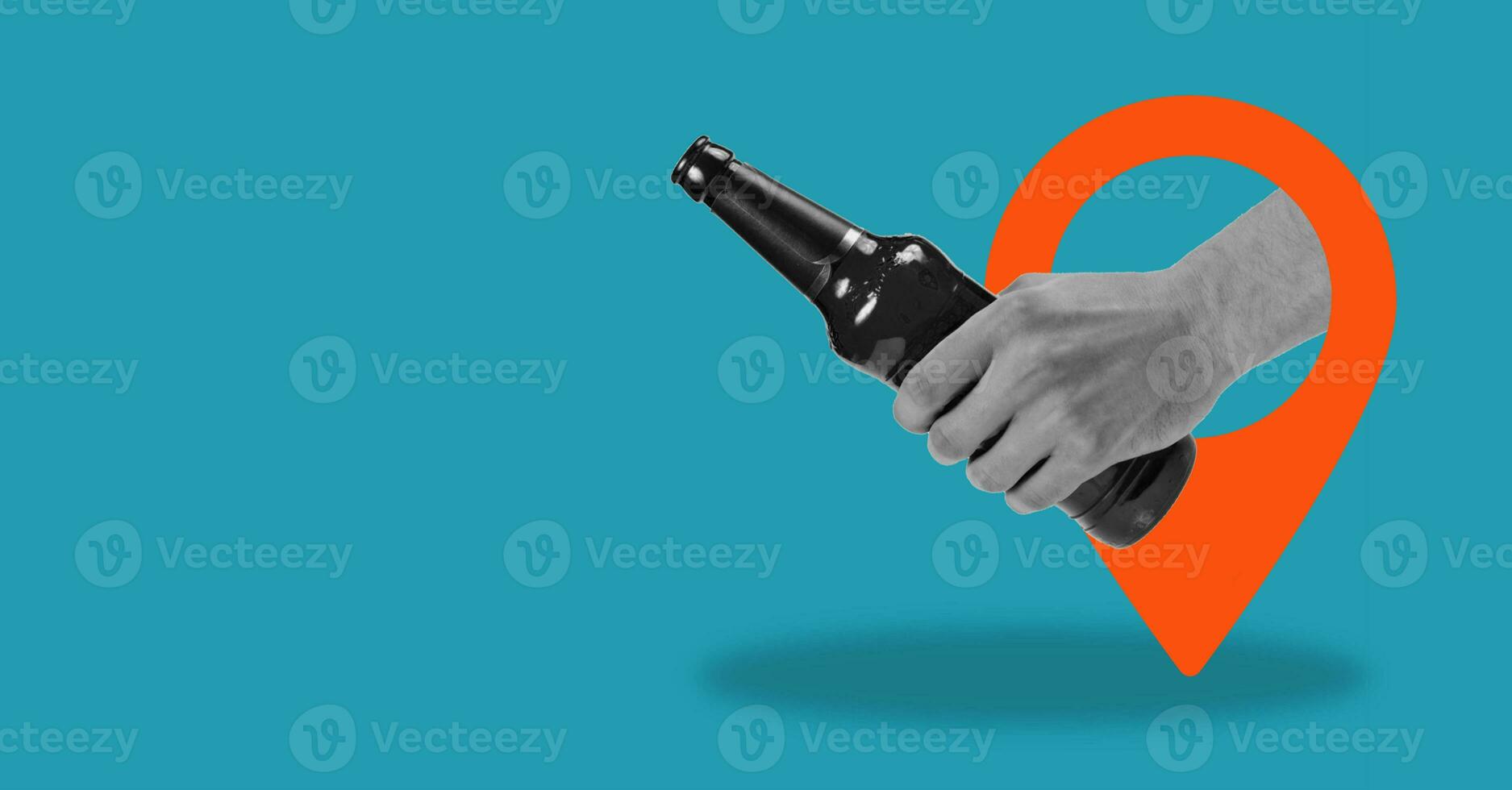 Art collage holding a bottle of beer from the navigation sign on a blue background with space for advertising. photo