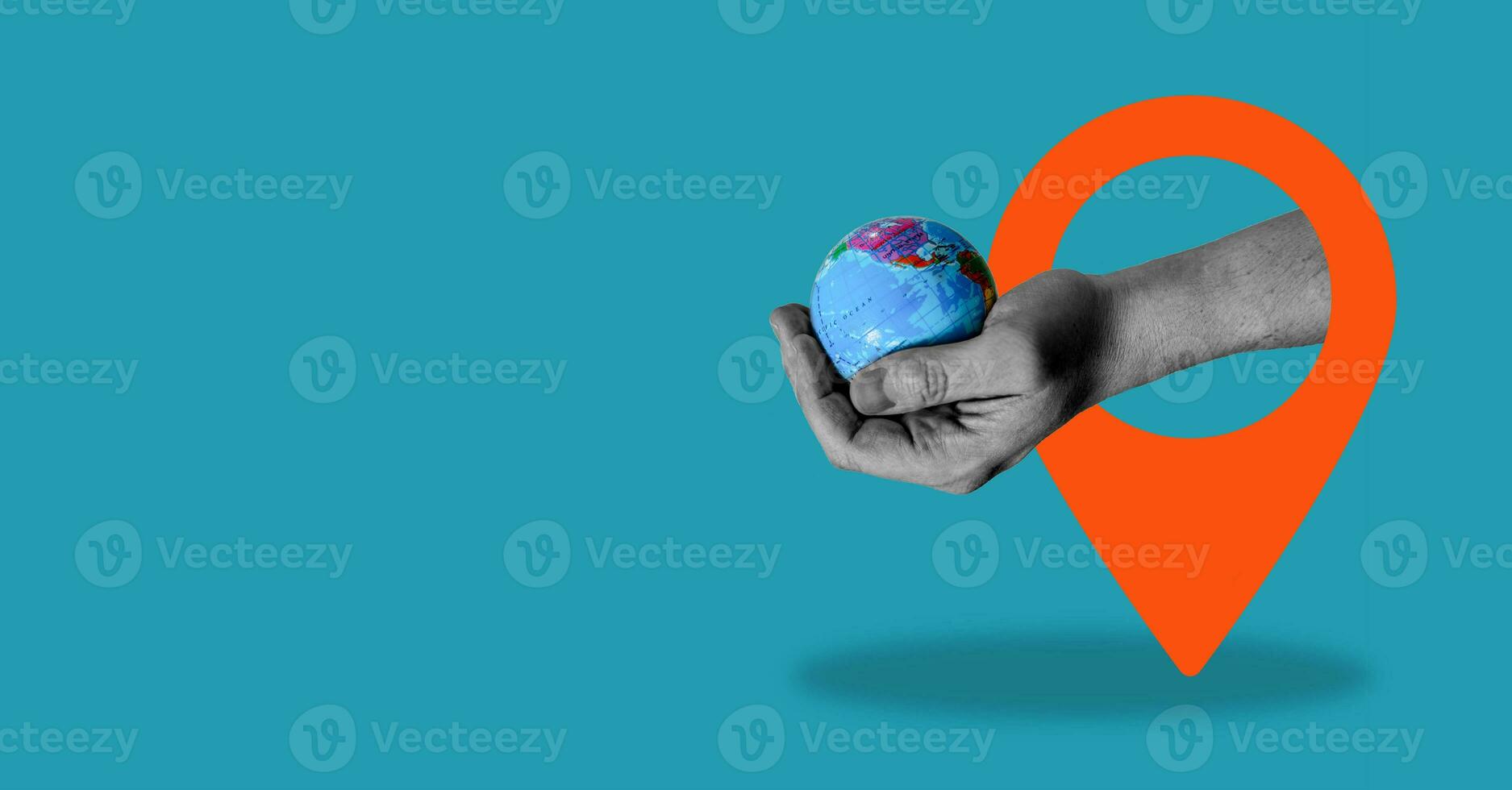 A digital collage of contemporary art. Hand-holding globe with navigation icon. photo