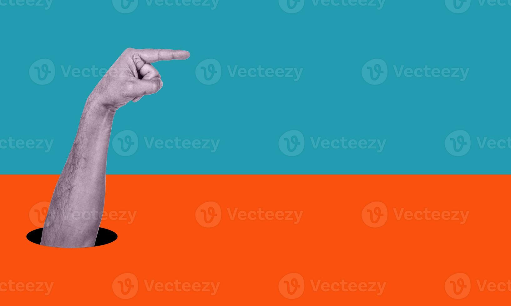 Digital collage of contemporary art. A hand pointing a finger into an empty advertising space. photo