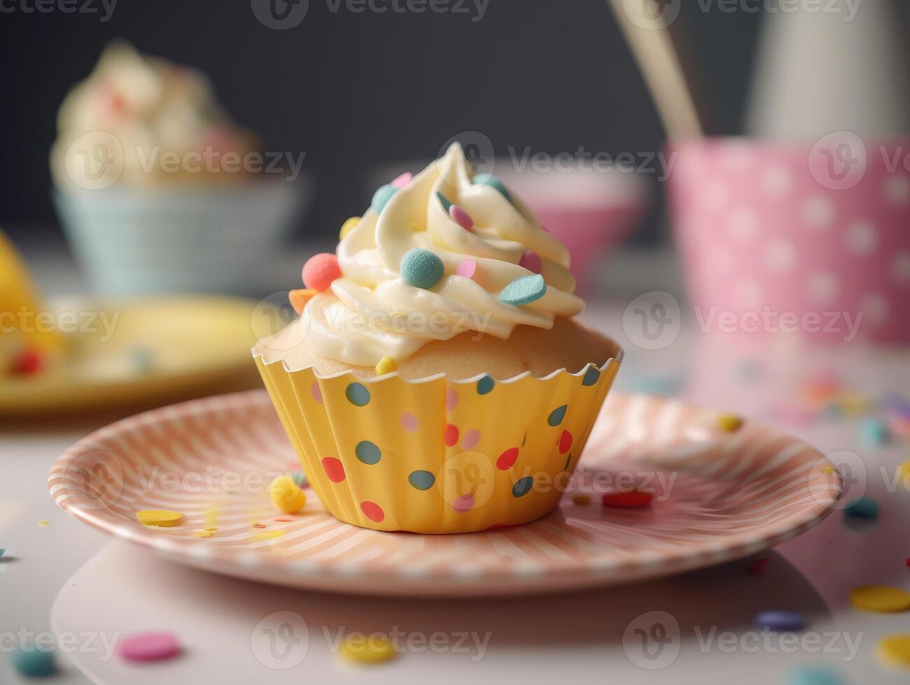 Festive Cupcake Frosting Top with Sprinkles. photo