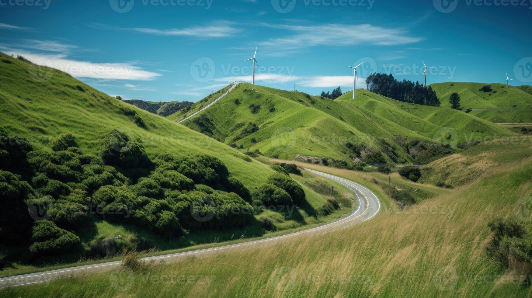 Wind turbines on the hill. green alternative energy. photo