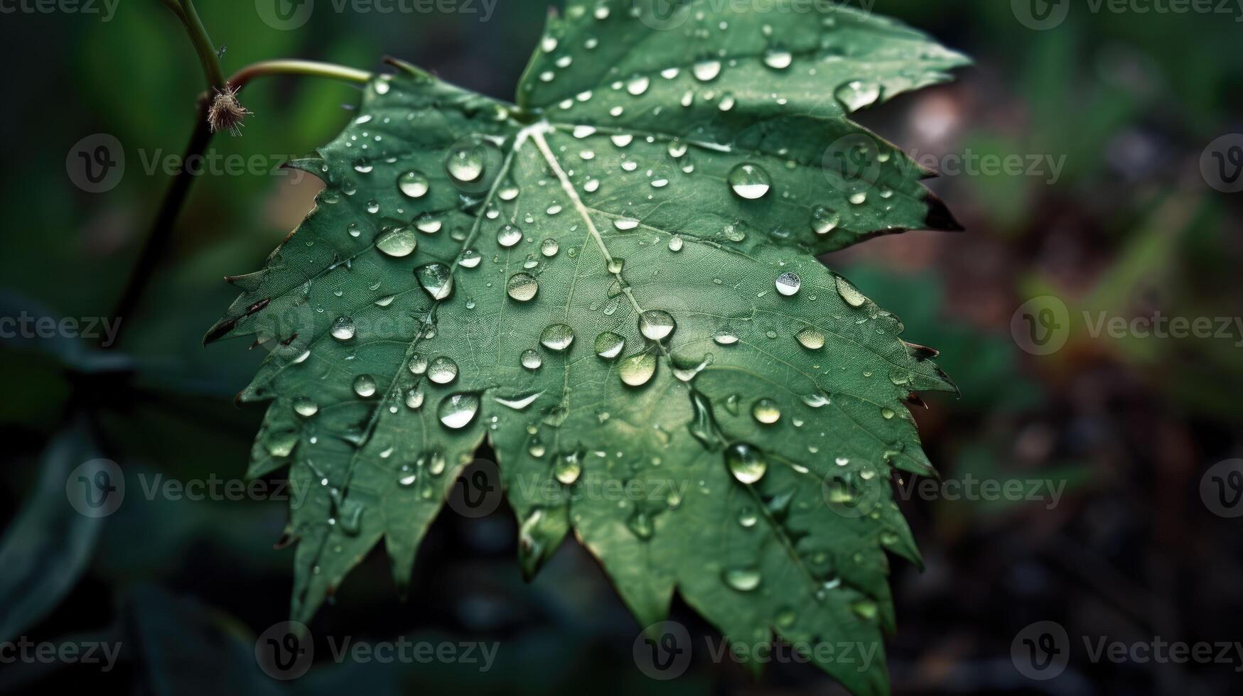 Close up view of raindrops on green leaf. photo