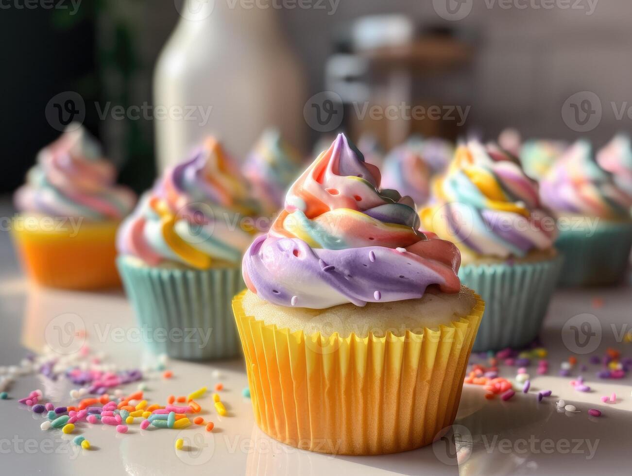 Festive Cupcake Frosting Top with Sprinkles. photo