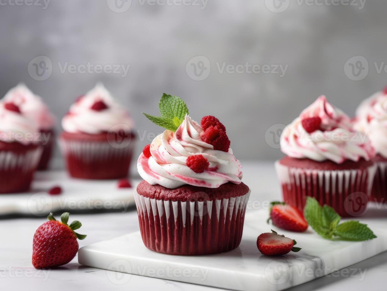 Homemade pink sweet cupcakes strawberries. photo