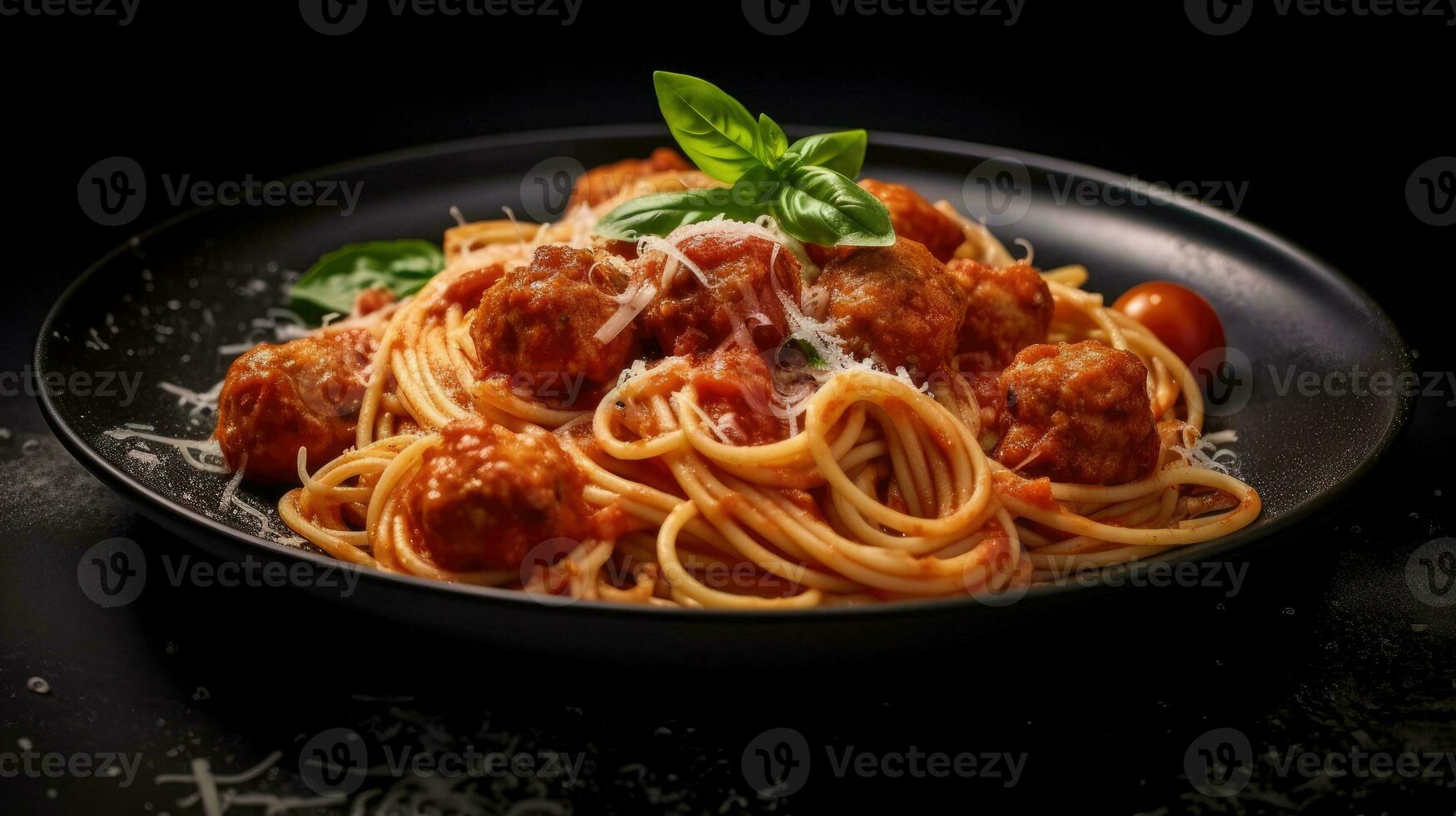 Close up view of classic tomato spaghetti with meatball, Italian dish. Generative AI. photo