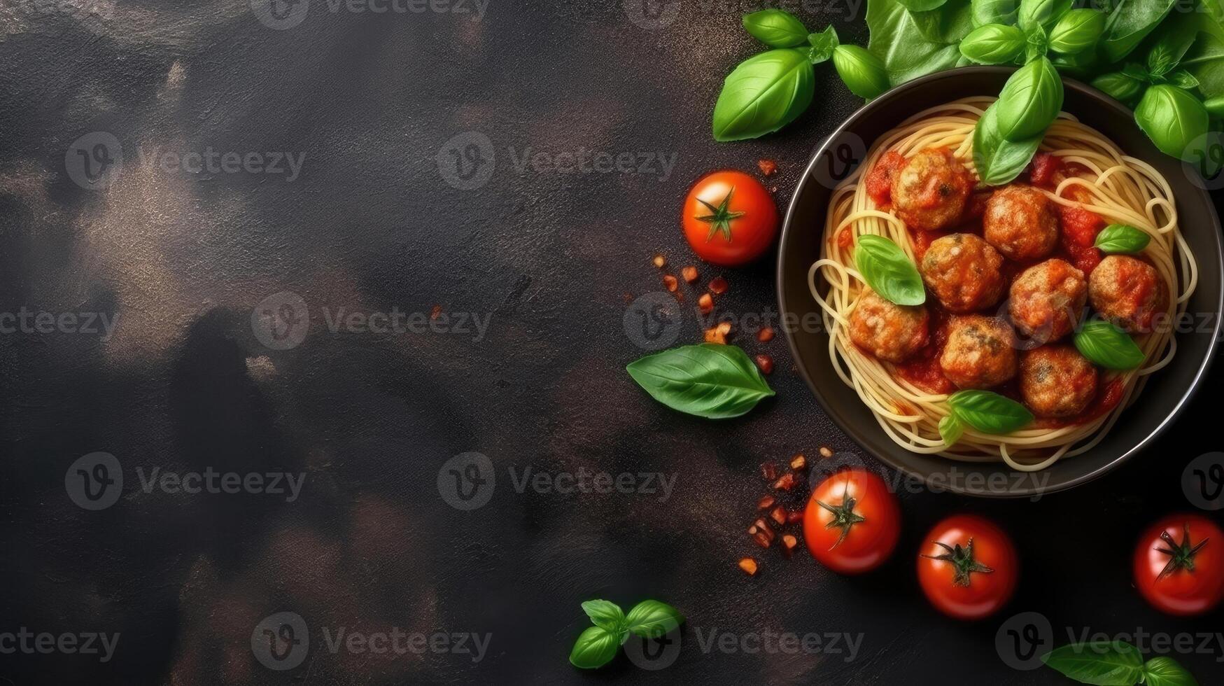 Top view of beautiful delicious tomato spaghetti with copy space, famous Italian dish. photo