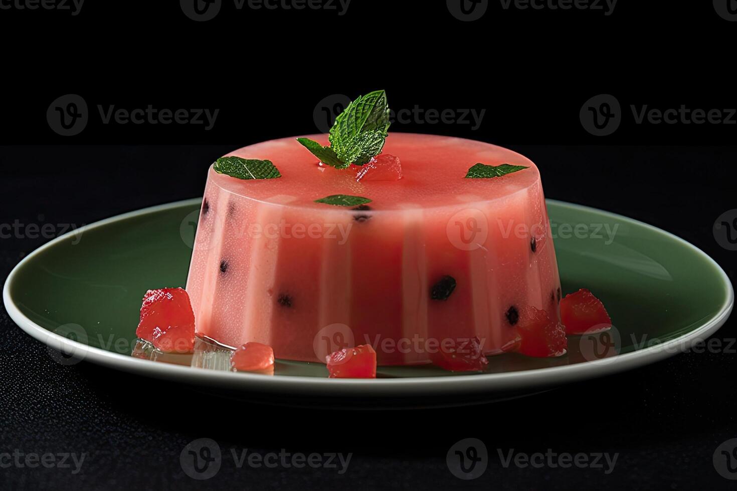 delicious watermelon pudding on a plate, black background, illustration, photo