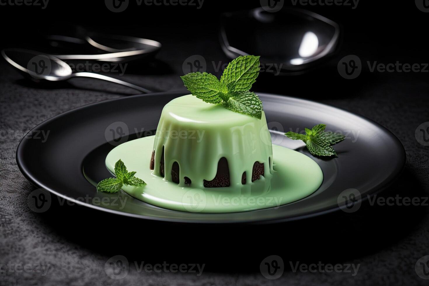 tasty mint pudding on a plate, black background, illustration, photo