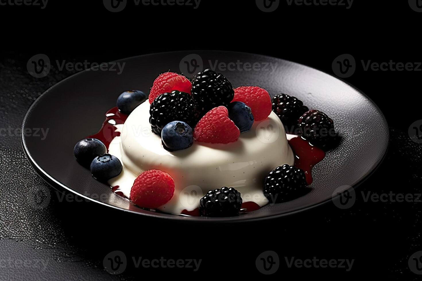berries pannacotta on a plate, black background, illustration, photo