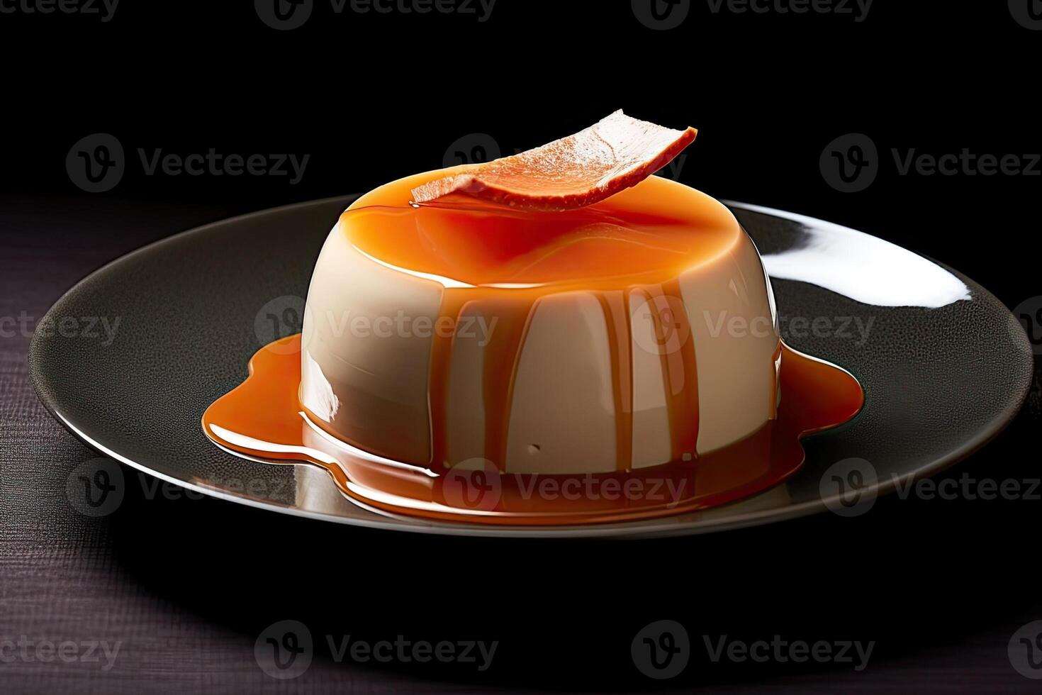 marvelous caramel pannacotta on a plate, black background, illustration, photo
