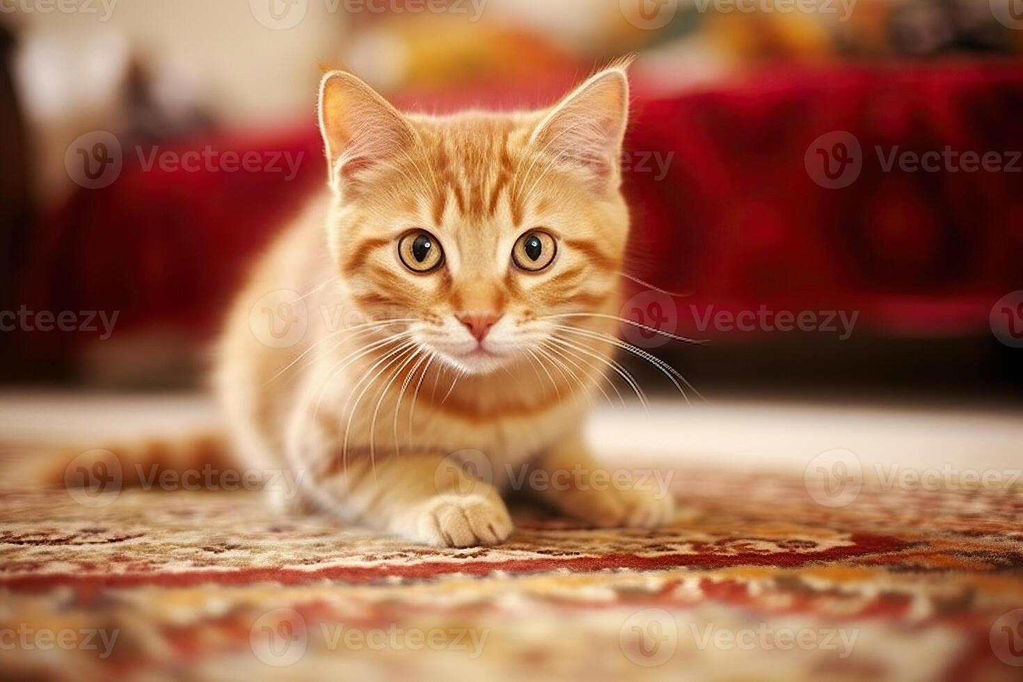 sweet red cat on carpet in living room, photo