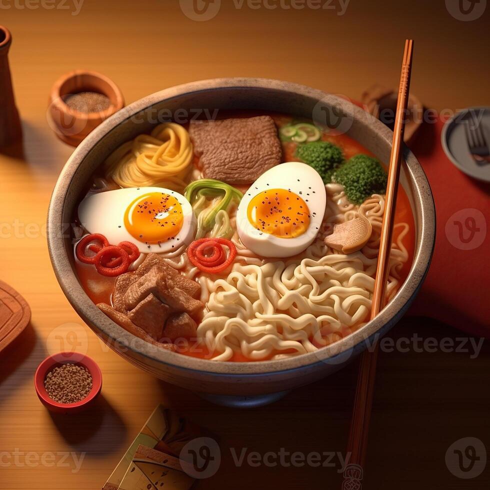 delicious bowl of steamy ramen with eggs and beef, illustration, photo