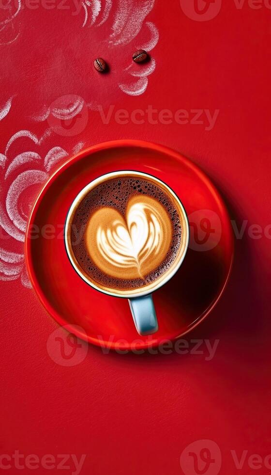 tasty cappuccino coffee, red background, photo