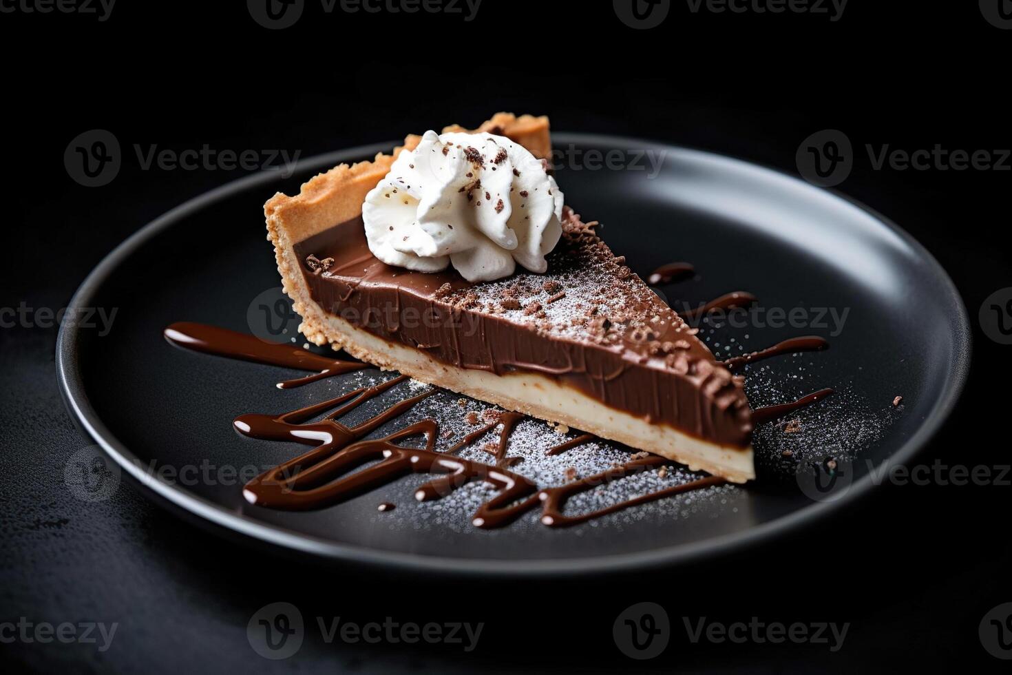 marvelous chocolate pie on a plate, black background, illustration, photo
