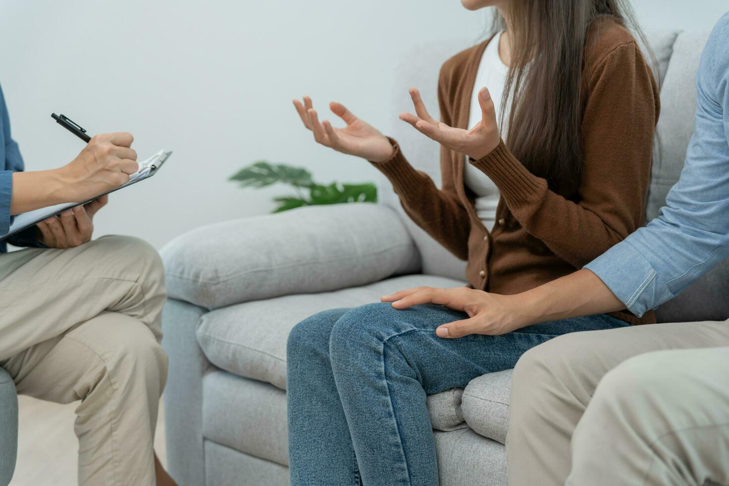 Couple support each while discussing family issues with psychiatrist. Husband encourages and empathy wife suffers depression. psychological, save divorce, Hand in hand together, trust, care, mental photo