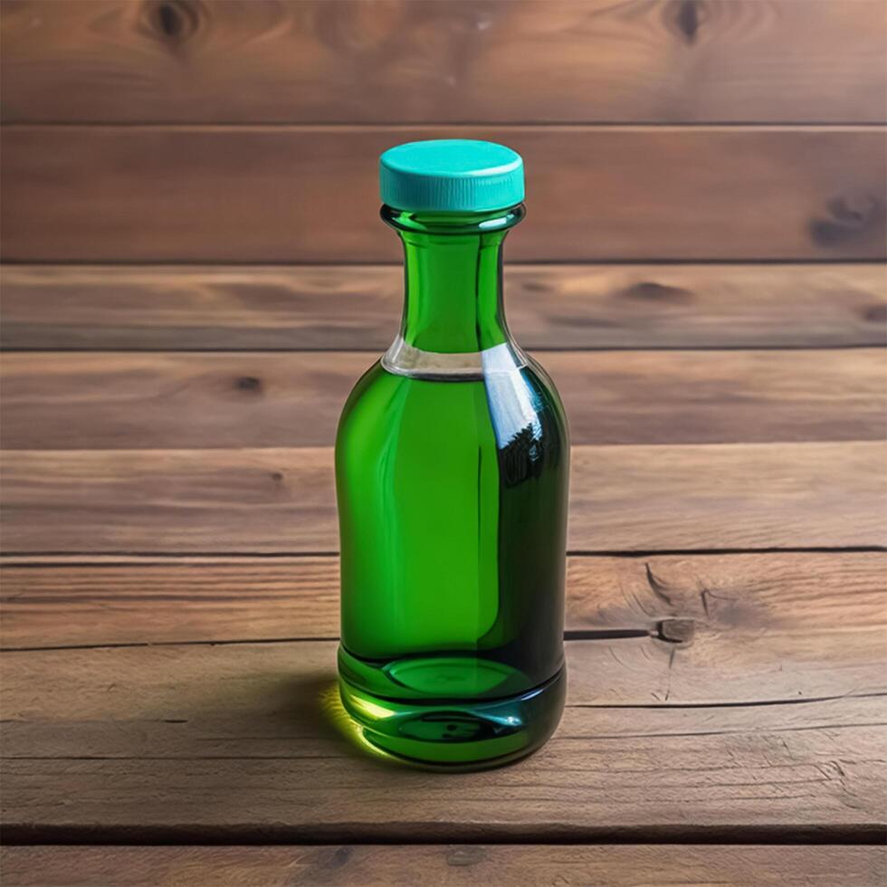 Green bottle on wooden background 3d render, photo