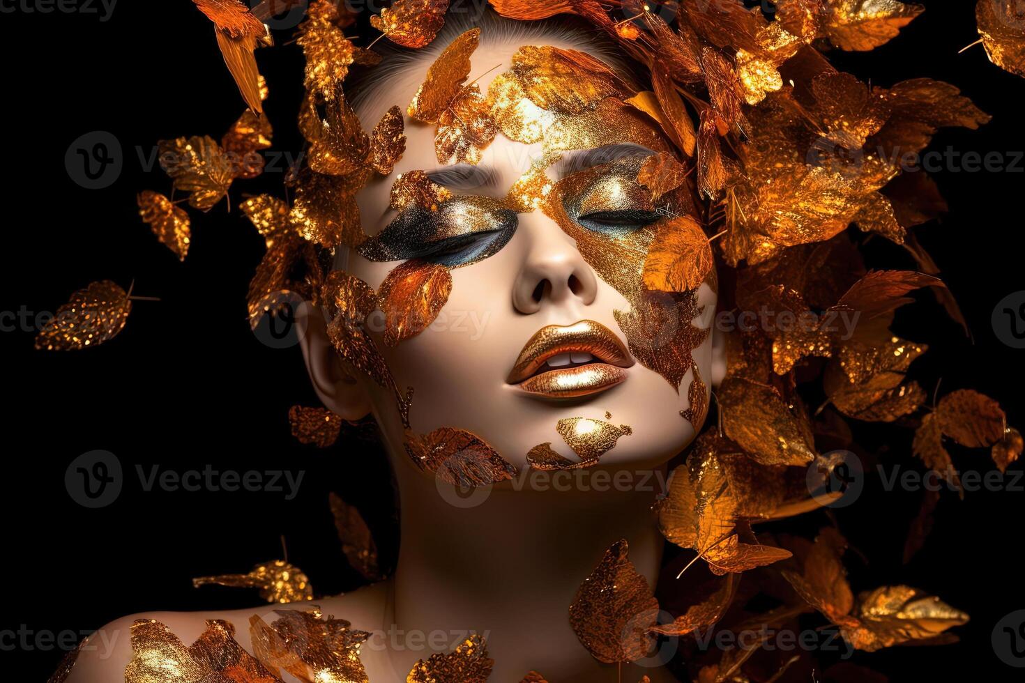 Woman with autumn leaves wreath. Portrait of girl in dreamy fall mood with scattered leaves. . photo