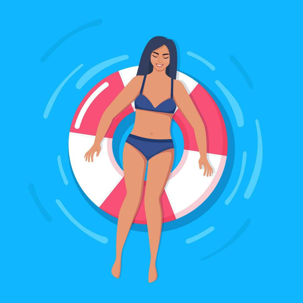 Happy woman in swimsuit floating on rubber ring in swimming pool or in the sea. Relaxation, enjoying life concept. Vector Illustration.