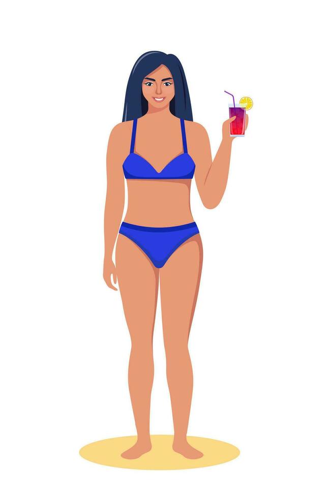 Woman dressed in swimsuit standing on the beach with cocktail in her hand and smiling. Summer vacations. Beautiful sexy girl in bikini. Vector illustration.
