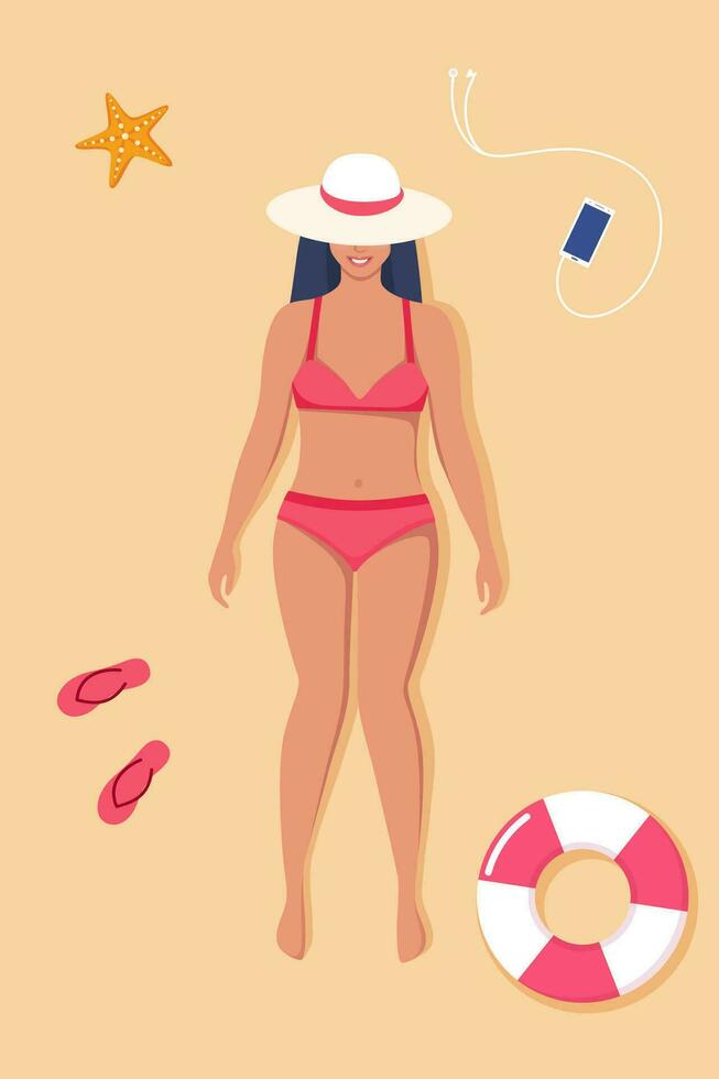 Beautiful young woman in swimsuit sunbathes on the beach. Top view beach background. Summer time vacations. Vector illustration.