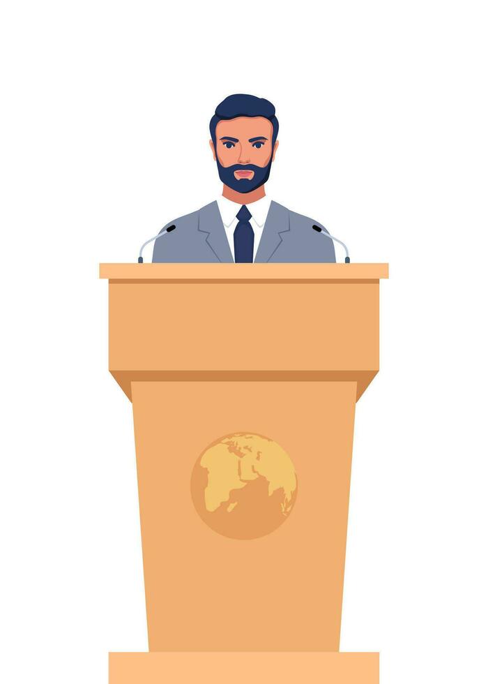 Man in a business suit stands on a rostrum in front of the microphones. Man orator speaking from tribune. Vector illustration.